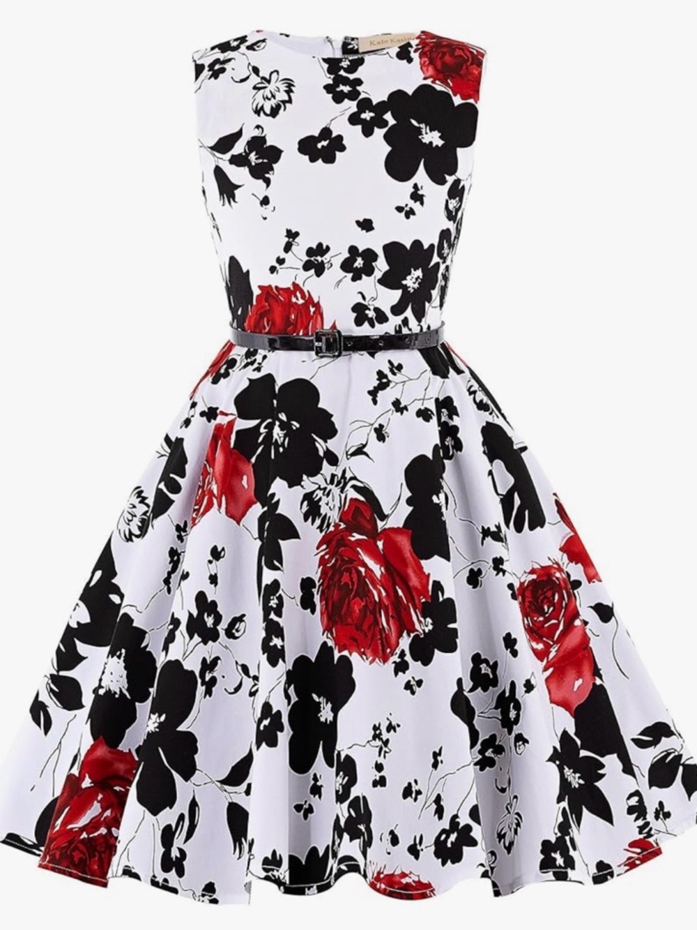 New Vintage 50’s Style Floral Black Red And White Sleeveless Dress With Belt XS